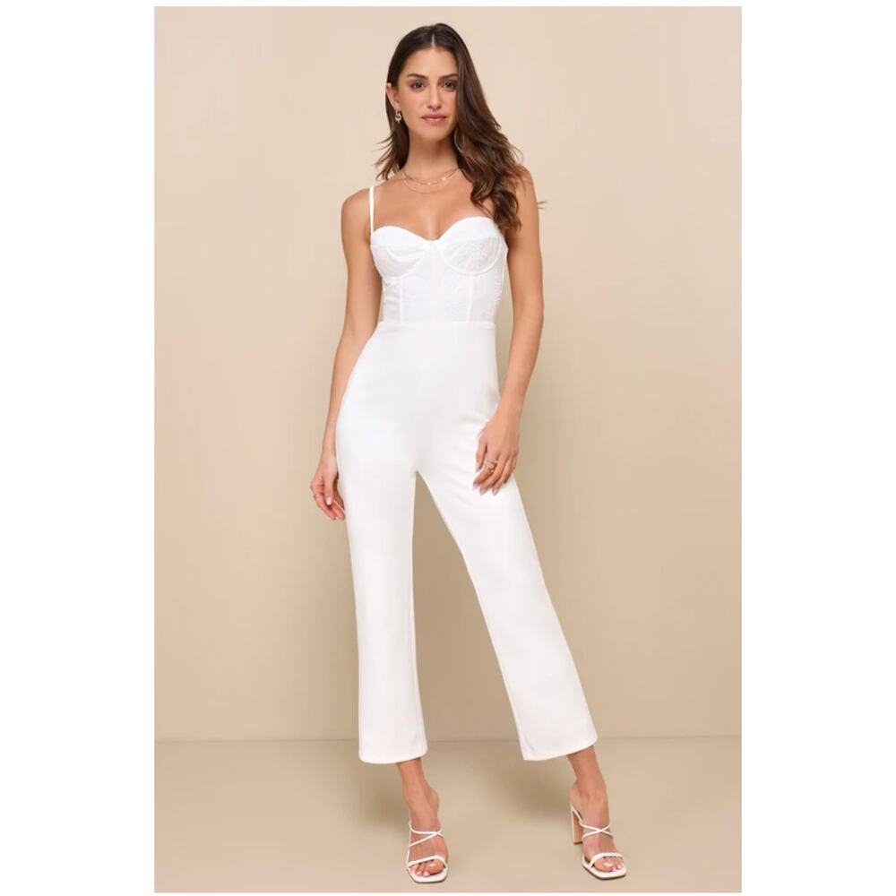 Lulus Iconic Jumpsuit Design White Sequin Embroidered Bustier Slim Leg Small